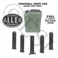 Jerry Can Paintball Canister with 5 Pods and a Pod Stand